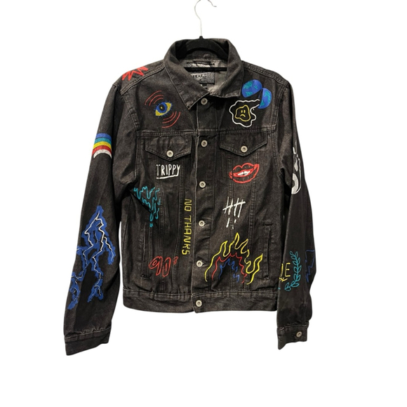 Brooklyn Cloth Graphic Design Black Denim Jacket Size Medium Casual Jean Trippy - Picture 2 of 9